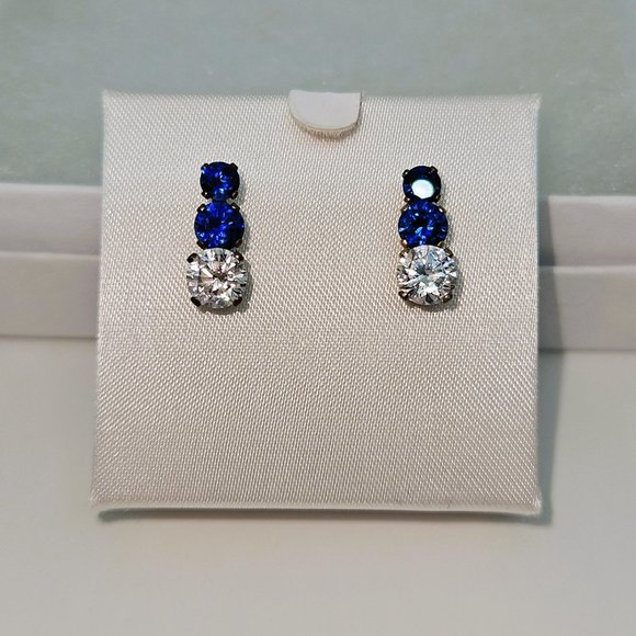 3 Stone Graduated Simulated Sapphire/Clear Drop Earrings - Picture 4 of 11